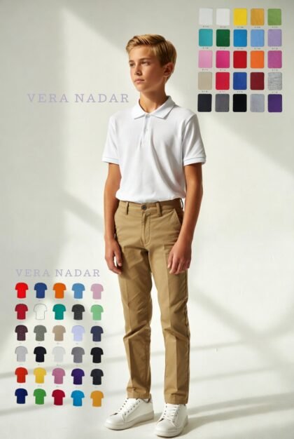 Wholesale boys school polo shirt and khaki trousers uniform set manufacturing