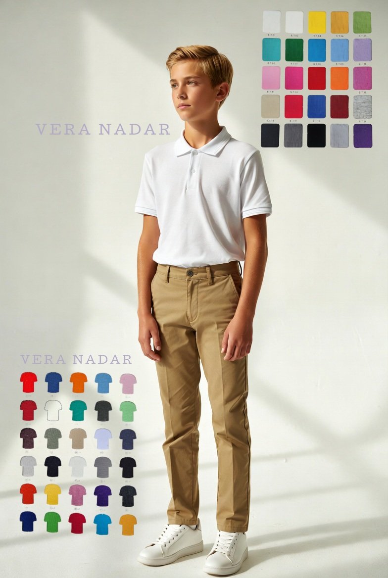 Wholesale boys school polo shirt and khaki trousers uniform set manufacturing