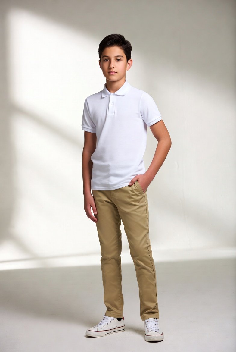 Wholesale boys school polo shirt and khaki trousers uniform set manufacturing