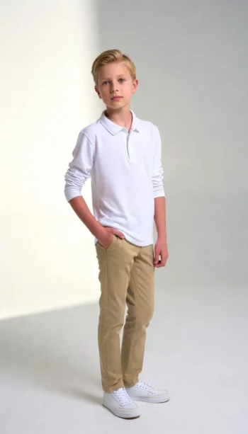 Kids school polo shirt standard quality long sleeve 100% cotton pique white