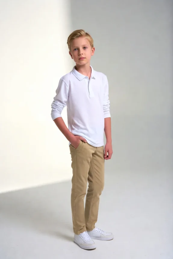 Kids school polo shirt standard quality long sleeve 100% cotton pique white