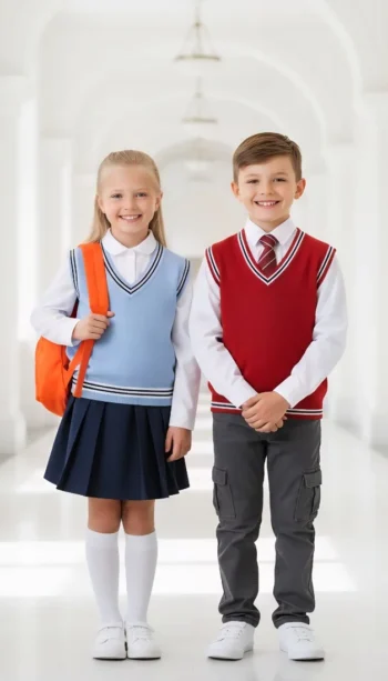 Wholesale sleeveless knitwear sweater for kids. 100% acrylic or cotton-acrylic blend. Custom knitting, 300 pcs MOQ per color. OEKO-TEX certified.