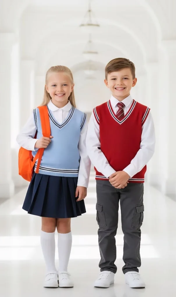 Wholesale sleeveless knitwear sweater for kids. 100% acrylic or cotton-acrylic blend. Custom knitting, 300 pcs MOQ per color. OEKO-TEX certified.